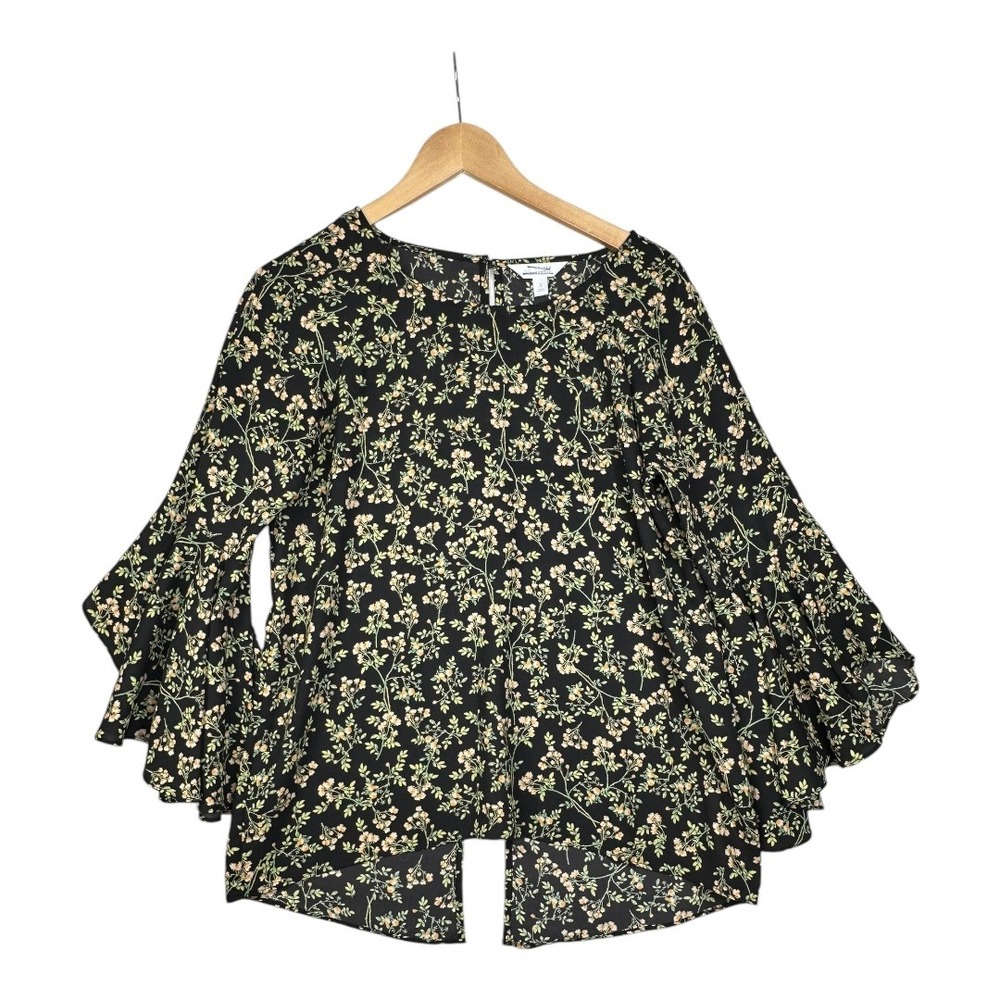 LC‎ Lauren Conrad Floral Keyhole Flutter Sleeve Blouse size Small Black/Yellow